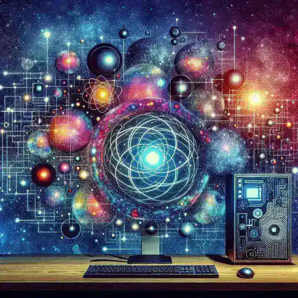 "Representation of multiverse computing concepts in quantum computing, showcasing interconnected quantum states and advanced algorithms for efficient problem-solving."