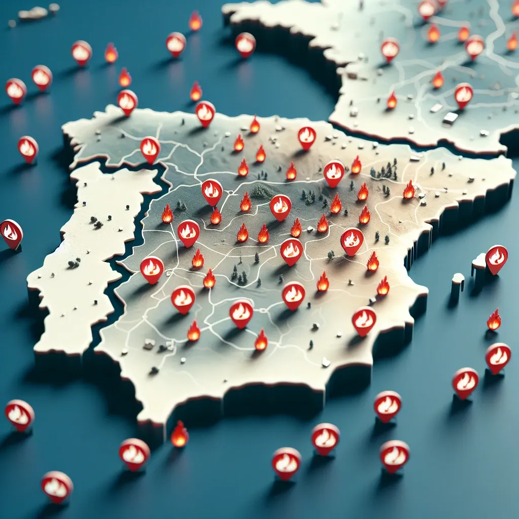 "Captura de pantalla de Google Maps en España mostrando la nueva función de alertas de incendios activos implementada en septiembre 2023."